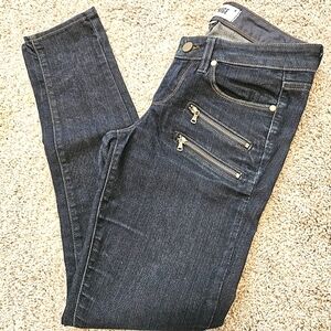 PAIGE Edgemont Jeans Size 27 Dk. Blue Stretch Moto Zipper Skinny Leg Pockets